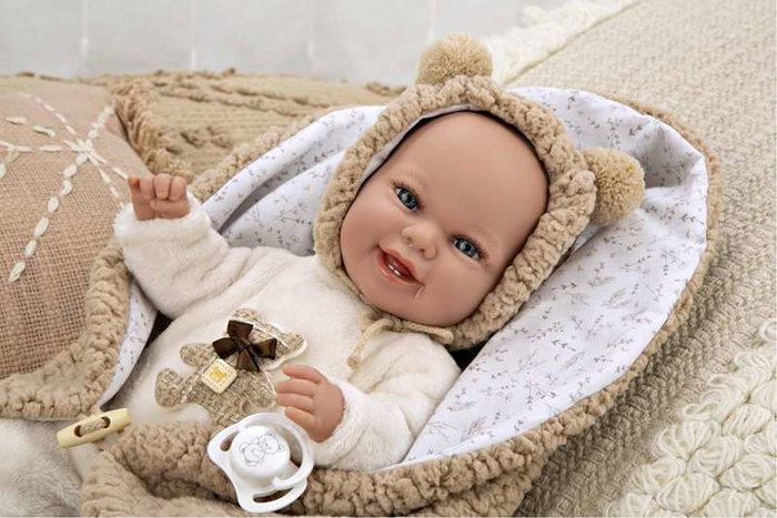 Muñecas Arias - Muñeca Elegance Babyto marron avec manta (peluche lestée) 35 cm, corps souple, langue du produit espagnol
