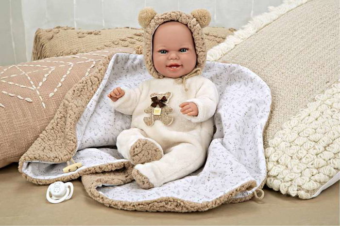 Muñecas Arias - Muñeca Elegance Babyto marron avec manta (peluche lestée) 35 cm, corps souple, langue du produit espagnol
