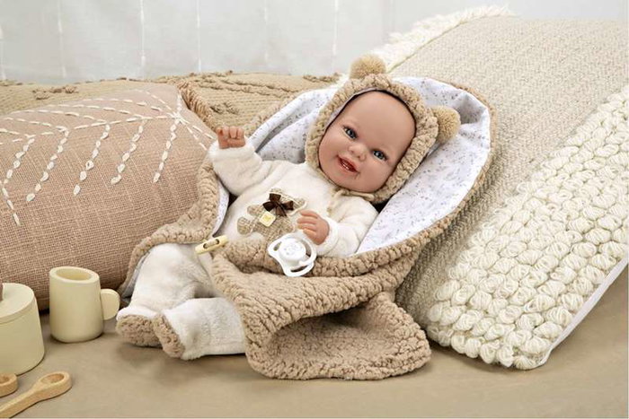 Muñecas Arias - Muñeca Elegance Babyto marron avec manta (peluche lestée) 35 cm, corps souple, langue du produit espagnol