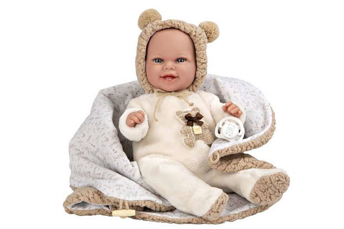 Muñecas Arias - Muñeca Elegance Babyto marron avec manta (peluche lestée) 35 cm, corps souple, langue du produit espagnol