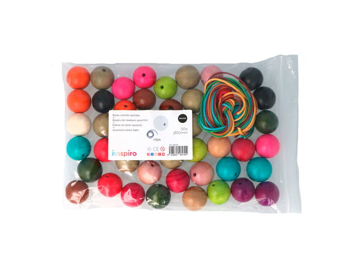 Innspiro Perles en bois en forme de boule couleurs assorties 30mm et 5m de fil Innspiro Perles en bois en forme de boule couleurs assorties 30mm et 5m de fil
