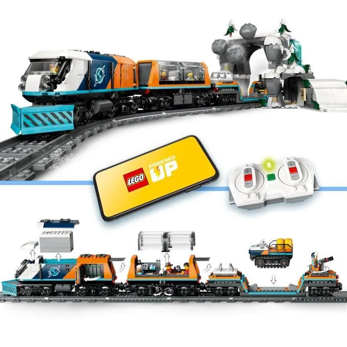 LEGO 60470 City Train Express des Explorateurs en Arctique - Set de Construction Motorisé avec Dameuse et Avant-Poste - Jeu Créatif pour Enfants Dès 7 Ans