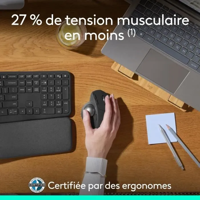 Logitech MX ERGO S Souris ergonomique sans fil graphite, détection de mouvement optique, pour ordinateur portable