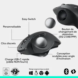 Logitech MX ERGO S Souris ergonomique sans fil graphite, détection de mouvement optique, pour ordinateur portable