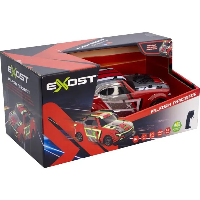 Exost Flash Racer ASST 2.4Ghz - Voiture télécommandée 1:18 à LED, 15 km/h, portée 25 m, rechargeable USB, pour enfant dès 5 ans