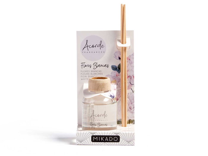ACORDE Mikado 50 ml avec tige, fleurs blanches, verre, rotin, bois, plastique, 7x17x5 cm (Set de 12) ACORDE Mikado 50 ml avec tige, fleurs blanches, verre, rotin, bois, plastique, 7x17x5 cm (Set de 12)