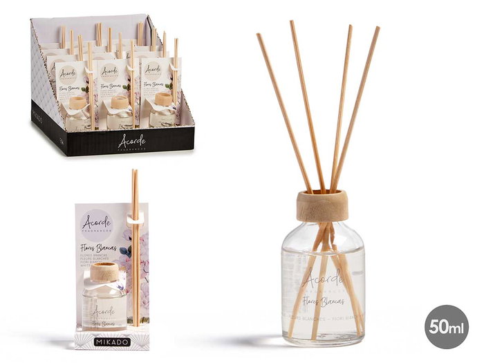 ACORDE Mikado 50 ml avec tige, fleurs blanches, verre, rotin, bois, plastique, 7x17x5 cm (Set de 12) ACORDE Mikado 50 ml avec tige, fleurs blanches, verre, rotin, bois, plastique, 7x17x5 cm (Set de 12)