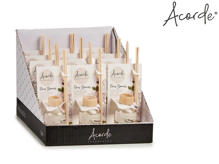 ACORDE Mikado 50 ml avec tige, fleurs blanches, verre, rotin, bois, plastique, 7x17x5 cm (Set de 12) ACORDE Mikado 50 ml avec tige, fleurs blanches, verre, rotin, bois, plastique, 7x17x5 cm (Set de 12)
