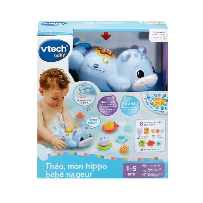 VTech Théo - Jouet de Bain Hippopotame Nageur avec Lumière, Sons et Accessoires pour Enfants de 1 à 5 Ans VTech Théo - Jouet de Bain Hippopotame Nageur avec Lumière, Sons et Accessoires pour Enfants de 1 à 5 Ans