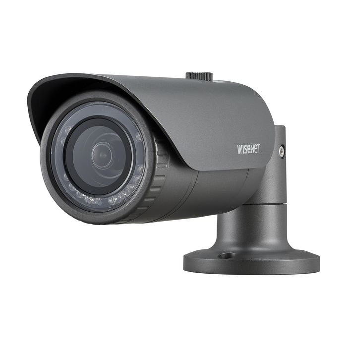 Hanwha Caméra de surveillance bullet Wisenet HD+ 4 MP, résolution QHD 2560 x 1440, objectif 4 mm, vision nocturne IR 25 m, IP66, IK10, 12 V DC