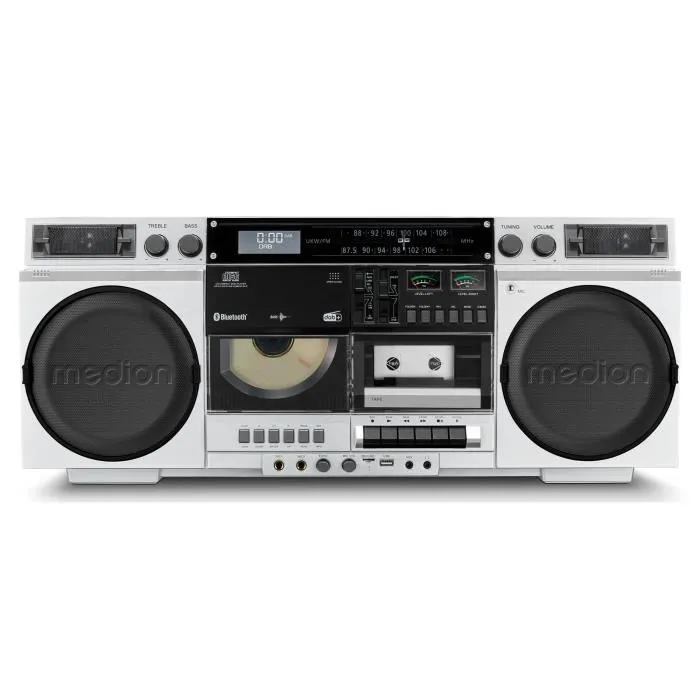 Medion Ghetto Blaster - Radio cassette CD vintage - Radio DAB+/FM, lecteur CD/MP3, cassette, connexion Bluetooth et USB, 2x10W RMS, couleur argent Medion Ghetto Blaster - Radio cassette CD vintage - Radio DAB+/FM, lecteur CD/MP3, cassette, connexion Bluetooth et USB, 2x10W RMS, couleur argent