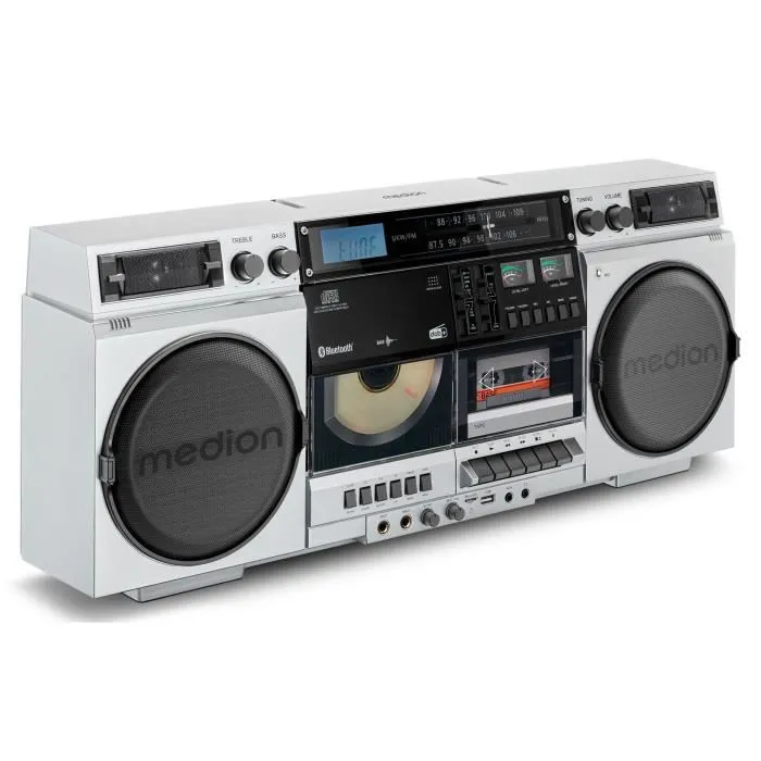 Medion Ghetto Blaster - Radio cassette CD vintage - Radio DAB+/FM, lecteur CD/MP3, cassette, connexion Bluetooth et USB, 2x10W RMS, couleur argent Medion Ghetto Blaster - Radio cassette CD vintage - Radio DAB+/FM, lecteur CD/MP3, cassette, connexion Bluetooth et USB, 2x10W RMS, couleur argent