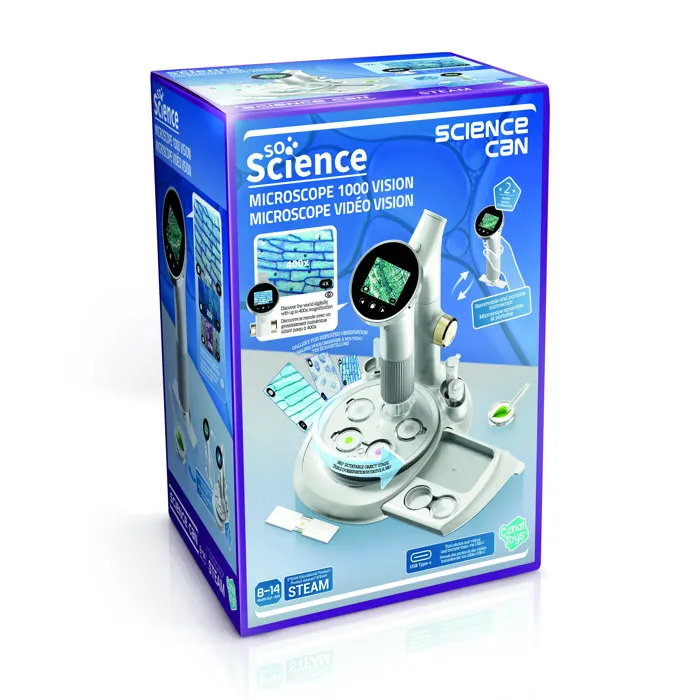 Canal Toys Microscope Vidéo Vision 1000 avec Écran Intégré - COS007 - Observation jusqu'à 400x, Base Rotative, Capture Photo/Video et Transfert USB-C