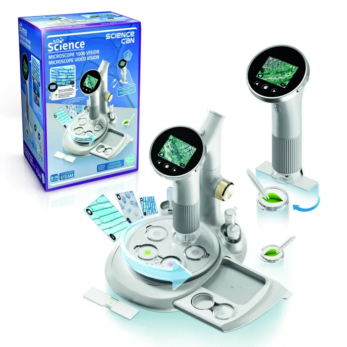 Canal Toys Microscope Vidéo Vision 1000 avec Écran Intégré - COS007 - Observation jusqu'à 400x, Base Rotative, Capture Photo/Video et Transfert USB-C
