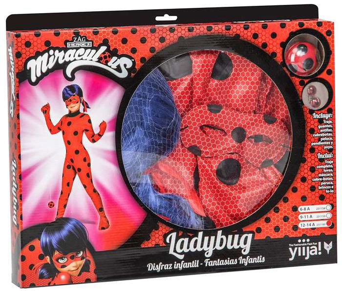 My Other Me Déguisement Miraculous Ladybug avec Combinaison, Gants, Guêtres, Masque, Perruque, Yo-Yo et Boucles d'Oreille Taille 6-8 Ans