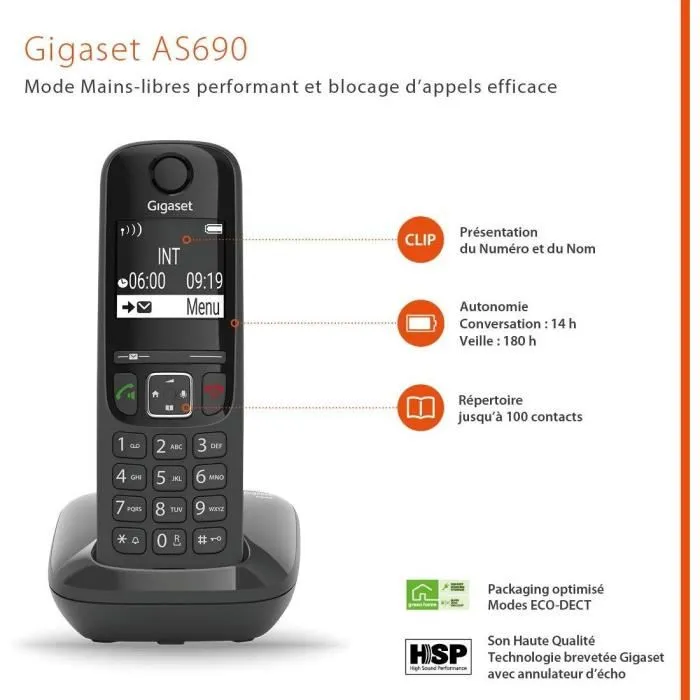 Gigaset Téléphone Fixe Sans Fil AS690 Noir - HSP Main Libre, Blocage Appels, Ecran Ultra Lisible, Répertoire 100 Contacts, Autonomie 14h Conversation Gigaset Téléphone Fixe Sans Fil AS690 Noir - HSP Main Libre, Blocage Appels, Ecran Ultra Lisible, Répertoire 100 Contacts, Autonomie 14h Conversation