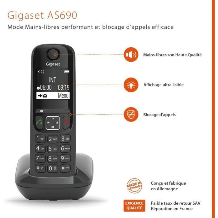 Gigaset Téléphone Fixe Sans Fil AS690 Noir - HSP Main Libre, Blocage Appels, Ecran Ultra Lisible, Répertoire 100 Contacts, Autonomie 14h Conversation Gigaset Téléphone Fixe Sans Fil AS690 Noir - HSP Main Libre, Blocage Appels, Ecran Ultra Lisible, Répertoire 100 Contacts, Autonomie 14h Conversation