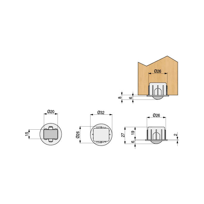 Q&Q Cassone A-6 - Base Fixe à Encastrer en Polyamide (Nylon) Gris, Ø20 mm, Charge Maximum 40 kg pour Meubles