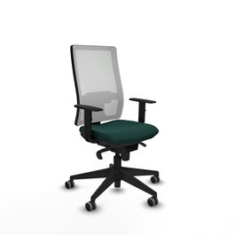 Chaise de bureau Horna avec mécanisme synchrone, revêtue de similicuir vert bouteille et de maille blanche. Équipée d'un soutien lombaire 1D, d'accoudoirs 1D et de roulettes de 65 mm pour parquet