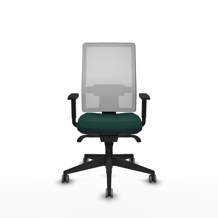 Chaise de bureau Horna avec mécanisme synchrone, revêtue de similicuir vert bouteille et de maille blanche. Équipée d'un soutien lombaire 1D, d'accoudoirs 1D et de roulettes de 65 mm pour parquet