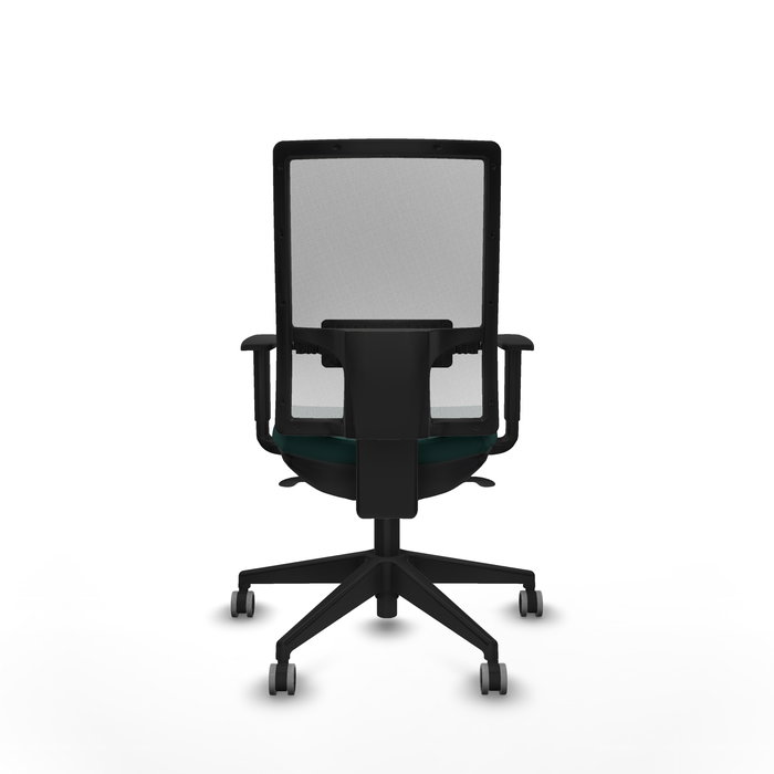 Chaise de bureau Horna avec mécanisme synchrone, revêtue de similicuir vert bouteille et de maille blanche. Équipée d'un soutien lombaire 1D, d'accoudoirs 1D et de roulettes de 65 mm pour parquet