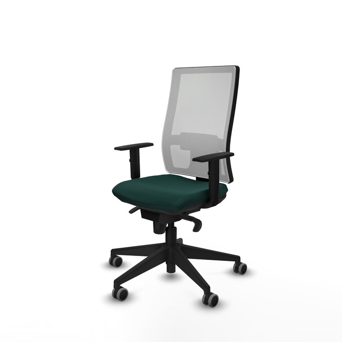 Chaise de bureau Horna avec mécanisme synchrone, revêtue de similicuir vert bouteille et de maille blanche. Équipée d'un soutien lombaire 1D, d'accoudoirs 1D et de roulettes de 65 mm pour parquet