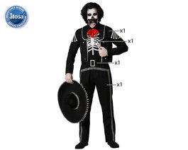 Déguisement Homme Adulte XXL Halloween - Veste Noire à Motif Crâne et Pantalon - Idéal Dia de los Muertos