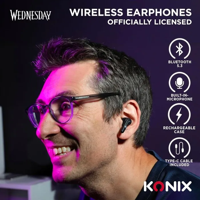 Konix Écouteurs Bluetooth sans Fil - Mercredi - Noir - Autonomie 6 h + 22 h (boîtier) - Résistance IPX4 - Son Immersif - Léger 50g - Confortable Konix Écouteurs Bluetooth sans Fil - Mercredi - Noir - Autonomie 6 h + 22 h (boîtier) - Résistance IPX4 - Son Immersif - Léger 50g - Confortable