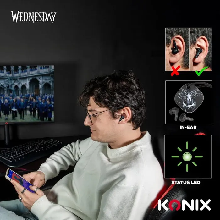 Konix Écouteurs Bluetooth sans Fil - Mercredi - Noir - Autonomie 6 h + 22 h (boîtier) - Résistance IPX4 - Son Immersif - Léger 50g - Confortable Konix Écouteurs Bluetooth sans Fil - Mercredi - Noir - Autonomie 6 h + 22 h (boîtier) - Résistance IPX4 - Son Immersif - Léger 50g - Confortable
