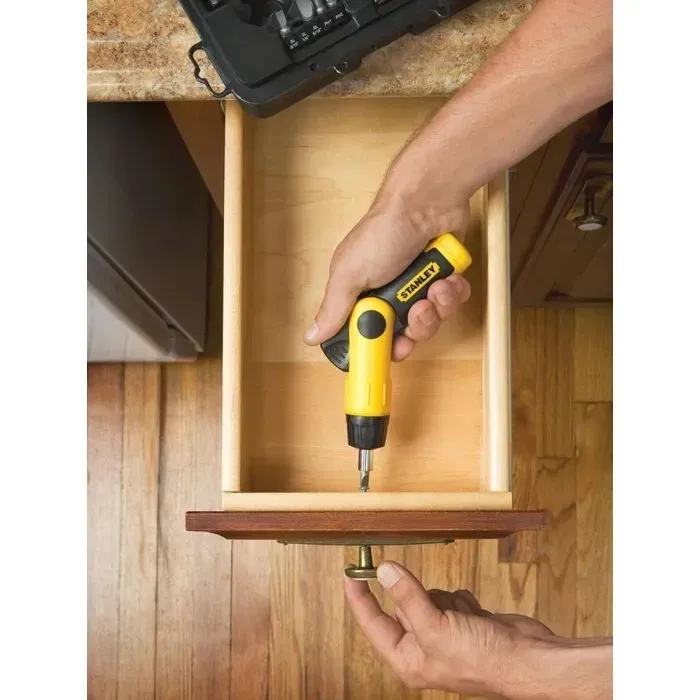 Stanley 0-63-022 Tournevis Porte-EmbouT Cliquet 3 Positions, Magnétique - Coffret de 25 Pièces avec Pistolet à Cliquet, Extension et Embouts