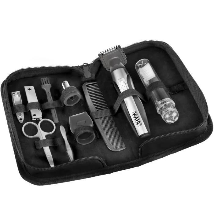 Wahl Travel Kit Deluxe - Tondeuse de précision avec 4 hauteurs de coupe, tête rotative, sabot réglable et accessoires de soins - Kit de voyage complet noir et argent