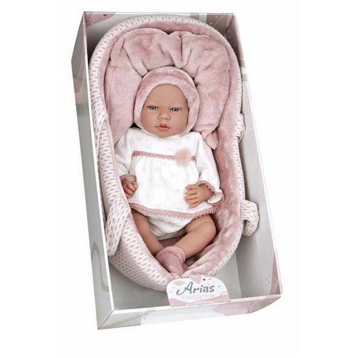 Arias Poupée Bébé Elgance Andie Rosa 40 cm avec Couffin et Mécanisme de Pleurs