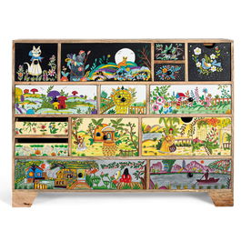 GINER Y COLOMER Commode en bois de manguier style ethnique 120 cm, multicolore, peinture main, 6 tiroirs, 120x40x90 cm