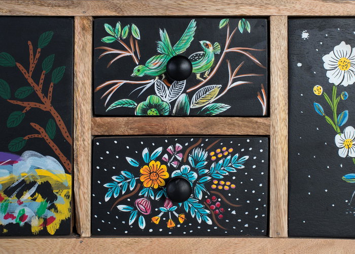 GINER Y COLOMER Commode en bois de manguier style ethnique 120 cm, multicolore, peinture main, 6 tiroirs, 120x40x90 cm