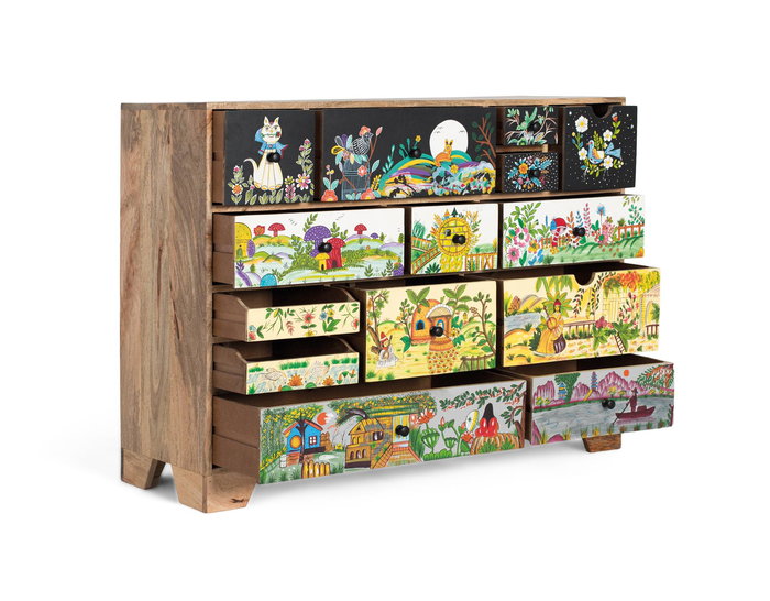 GINER Y COLOMER Commode en bois de manguier style ethnique 120 cm, multicolore, peinture main, 6 tiroirs, 120x40x90 cm