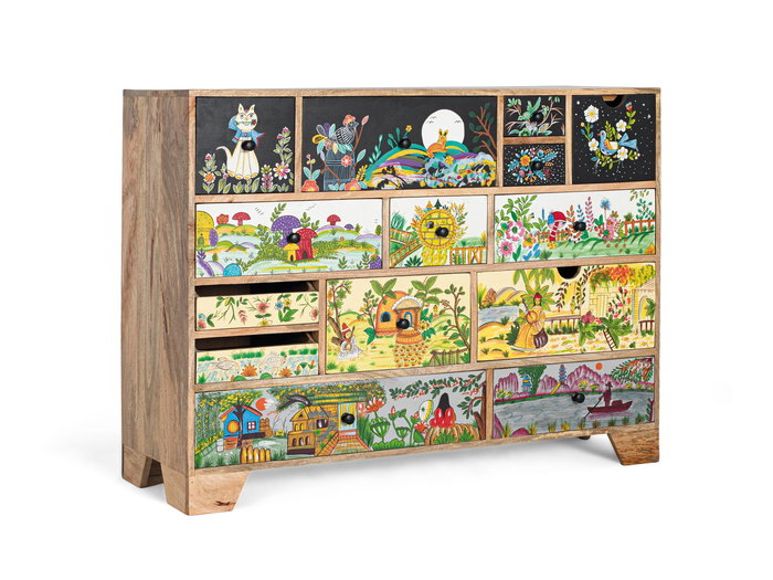 GINER Y COLOMER Commode en bois de manguier style ethnique 120 cm, multicolore, peinture main, 6 tiroirs, 120x40x90 cm