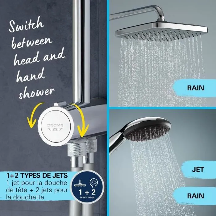 GROHE Colonne de douche GROHE Vitalio Comfort 250 avec inverseur manuel, économie d'eau, tête de douche 25 cm à 2 jets et pommeau, chromé - 26698001