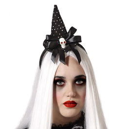 Diadème de Sorcière Halloween Adulte Femme, Noir avec Décor de Chapeau à Paillettes, Ruban et Crâne - Accessoire de Déguisement Macabre