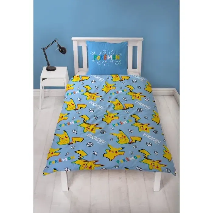 Pokémon Parure de Lit Pikachu Dans Tous Ses États - Microfibre - Housse de Couette 140x200 cm + Taie 63x63 cm - Licence Officielle