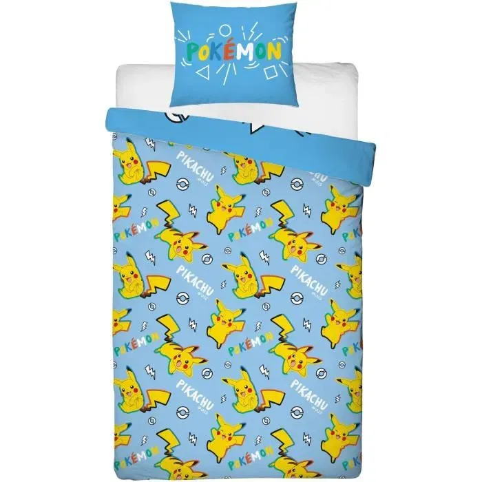 Pokémon Parure de Lit Pikachu Dans Tous Ses États - Microfibre - Housse de Couette 140x200 cm + Taie 63x63 cm - Licence Officielle