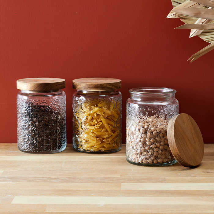 Home Deco Factory Bocal Relieve avec couvercle en acacia 700 ml