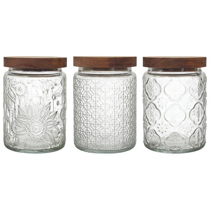 Home Deco Factory Bocal Relieve avec couvercle en acacia 700 ml