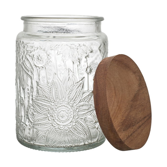 Home Deco Factory Bocal Relieve avec couvercle en acacia 700 ml