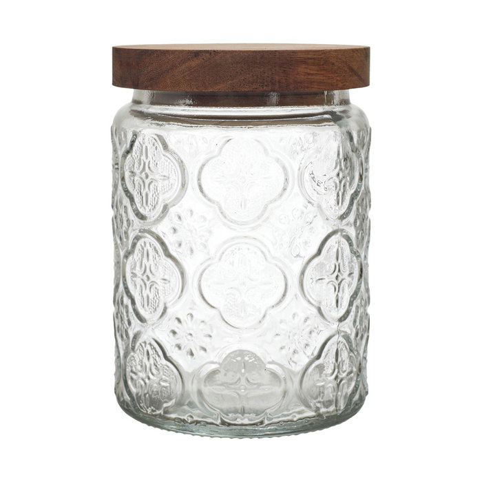 Home Deco Factory Bocal Relieve avec couvercle en acacia 700 ml