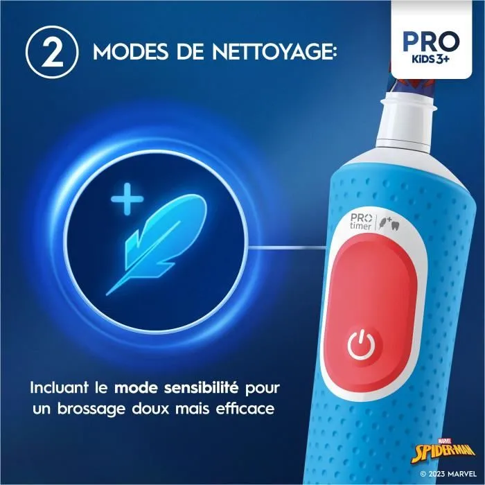 Oral-B Brosse à Dents Électrique Pro Kids 3+ pour Enfants avec Accessoire Spiderman Marvel, 1 Brossette Douce, Minuteur, 2 Modes de Nettoyage
