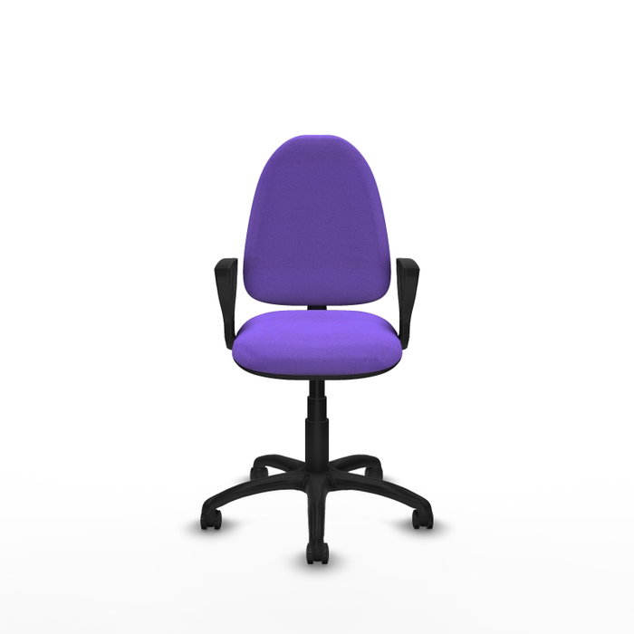 Chaise de bureau Aýna avec mécanisme de contact permanent de base, revêtue de tissu couleur lilas. Équipée d'une base en polyamide noir, d'accoudoirs fixes et de roulettes autobloquantes