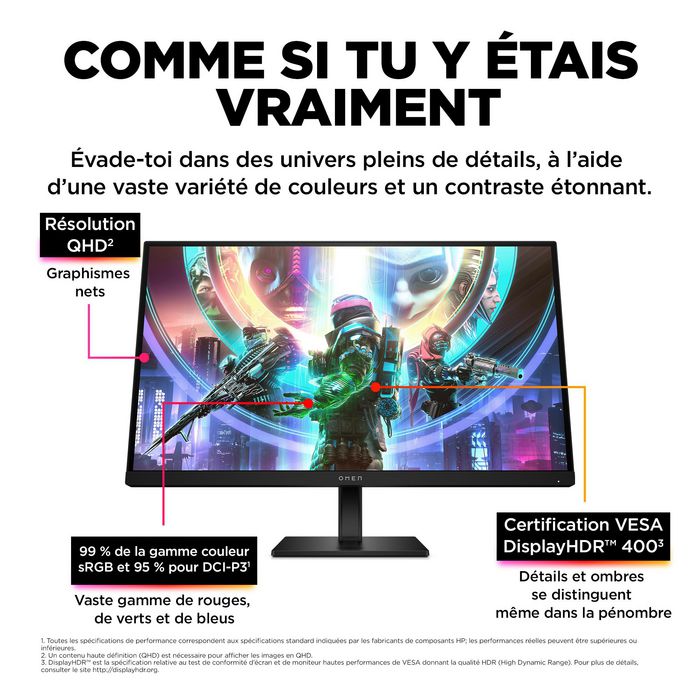 HP Omen Écran PC Gamer 27 pouces QHD 240 Hz 1 ms avec NVIDIA G-Sync, DisplayHDR 400, Hub USB et Rétroéclairage RGB - Modèle OMEN 27qs