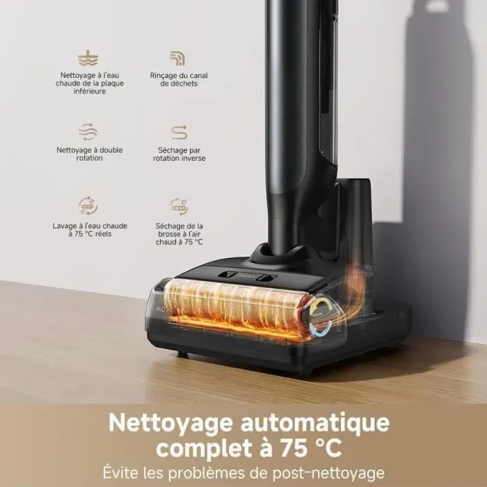 MOVA Aspirateur Balai Sans Fil M10, Aspirateur Eau et Poussière, Flexible Pivotant 90°, Lavage Brosse 75°C, Aspiration 18 kPa