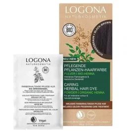 LOGONA Colorant Végétal Noir Brun pour Cheveux - Coloration Douce et Naturelle, Teinte Châtain Clair à Foncé, Certifié Natrue, Vegane, Inclut Gants et Bonnet