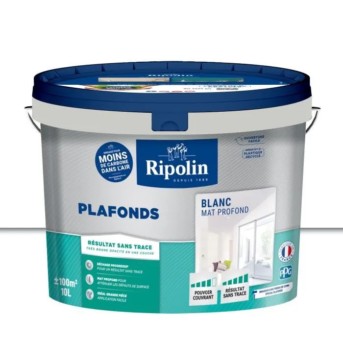 Ripolin - Peinture pour plafonds Blanc mat Sans trace - 10 litres - Grande opacité en une couche, application facile, fabrication française